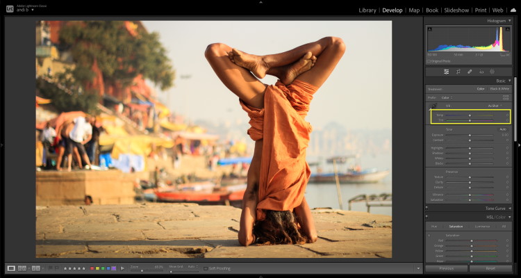 Adjusting the temperature of a photo in Lightroom.